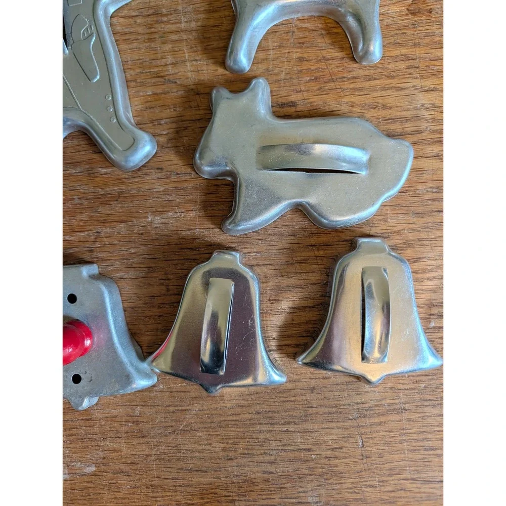 Vintage Aluminum Cookie Cutter 15pc Red Wood Handle Animals Bells Space Cadet